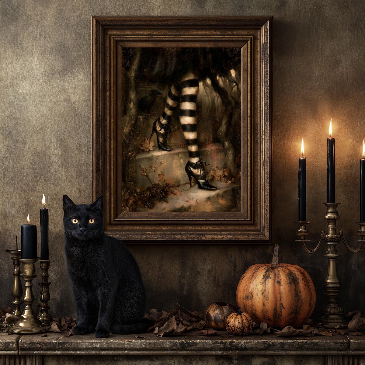 Black cat on a mantel below the witch legs print, beside a pumpkin and candlestick