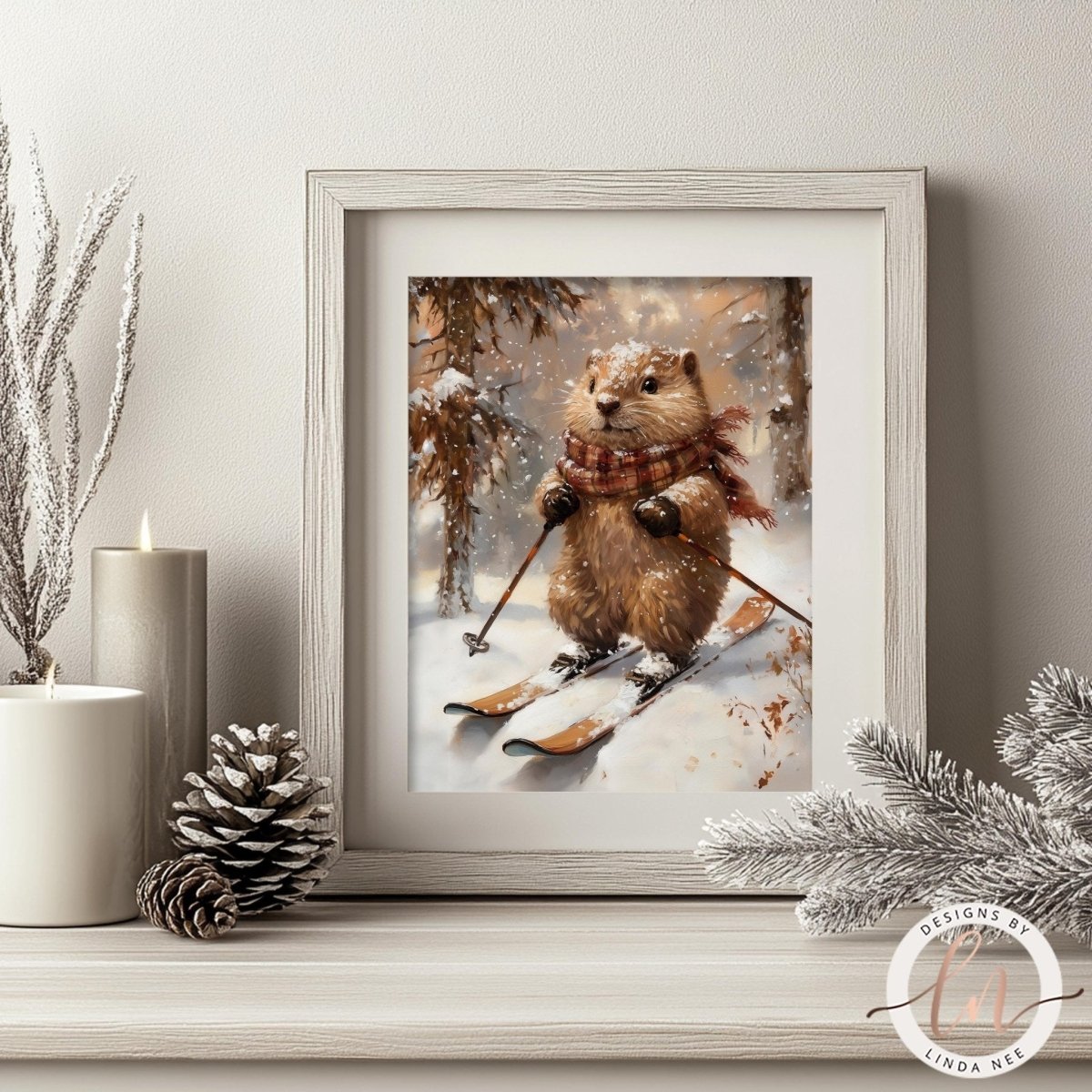 A framed print of a brown animal, possibly a rodent or a small mammal, skiing on a snowy surface, surrounded by pine cones and candles.