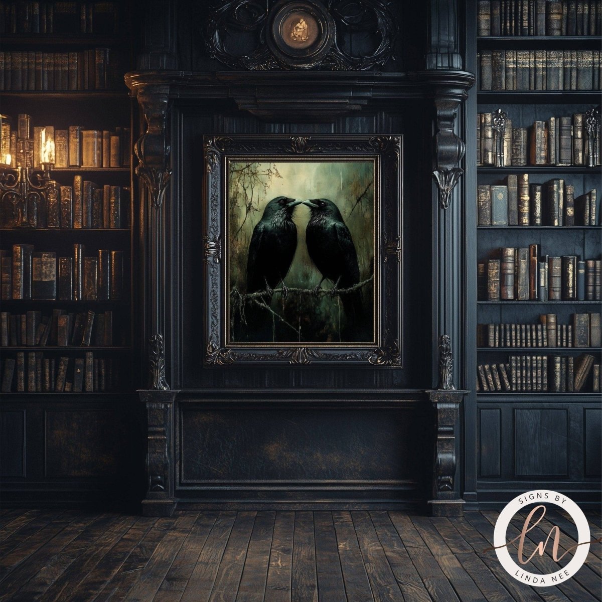 Ravens touching beaks print displayed in a room with a fireplace and bookshelf