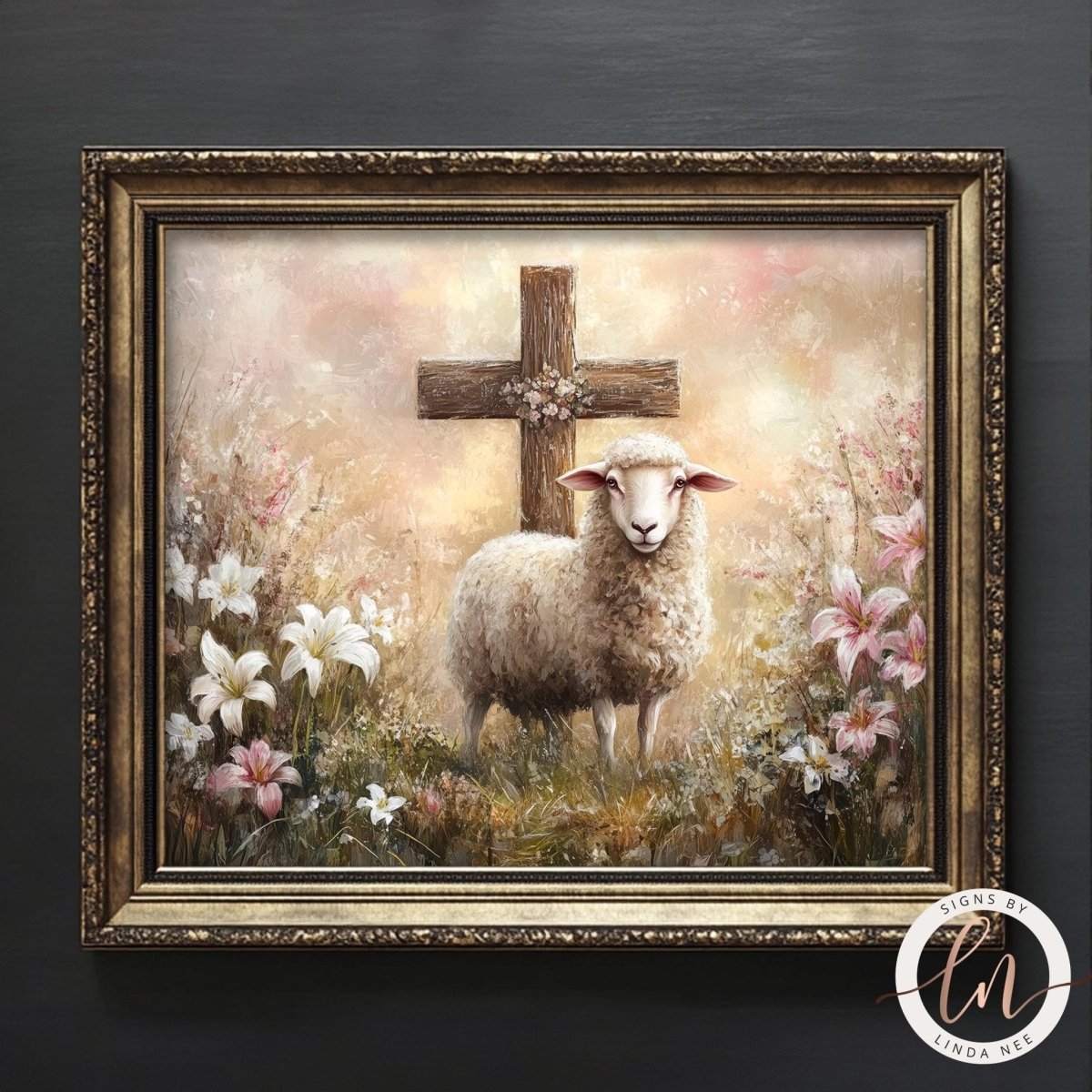 Lamb standing before a cross print displayed with spring flowers