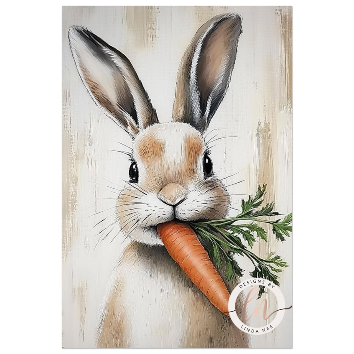 Bunny with carrot artwork shown in a countryside scene
