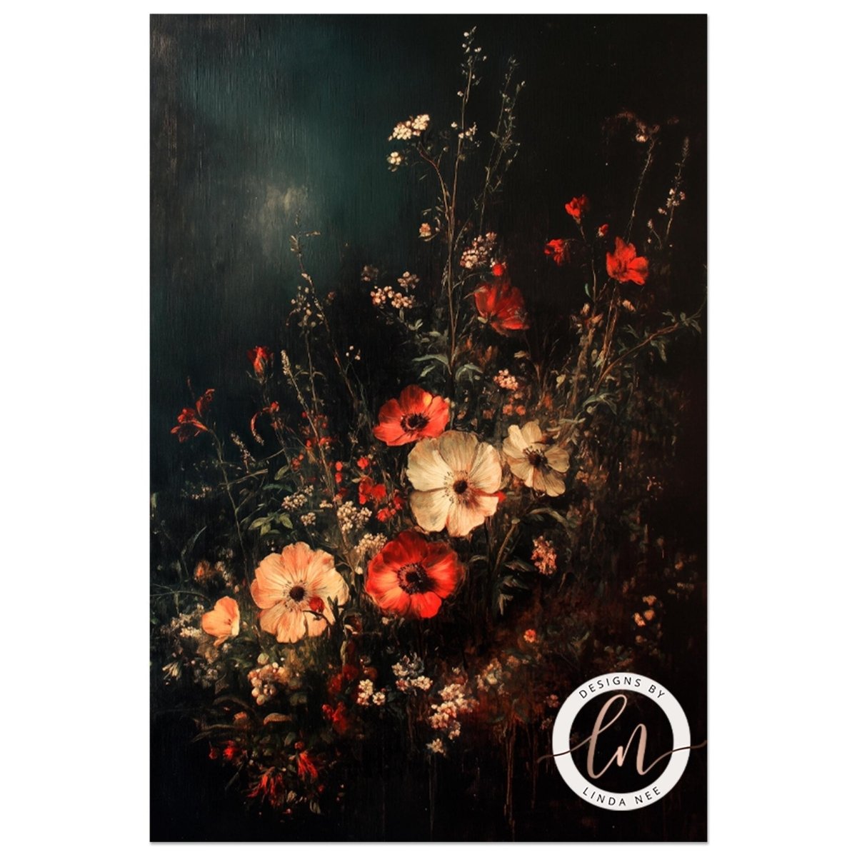 Gothic botanical wall art displayed on a dark wall