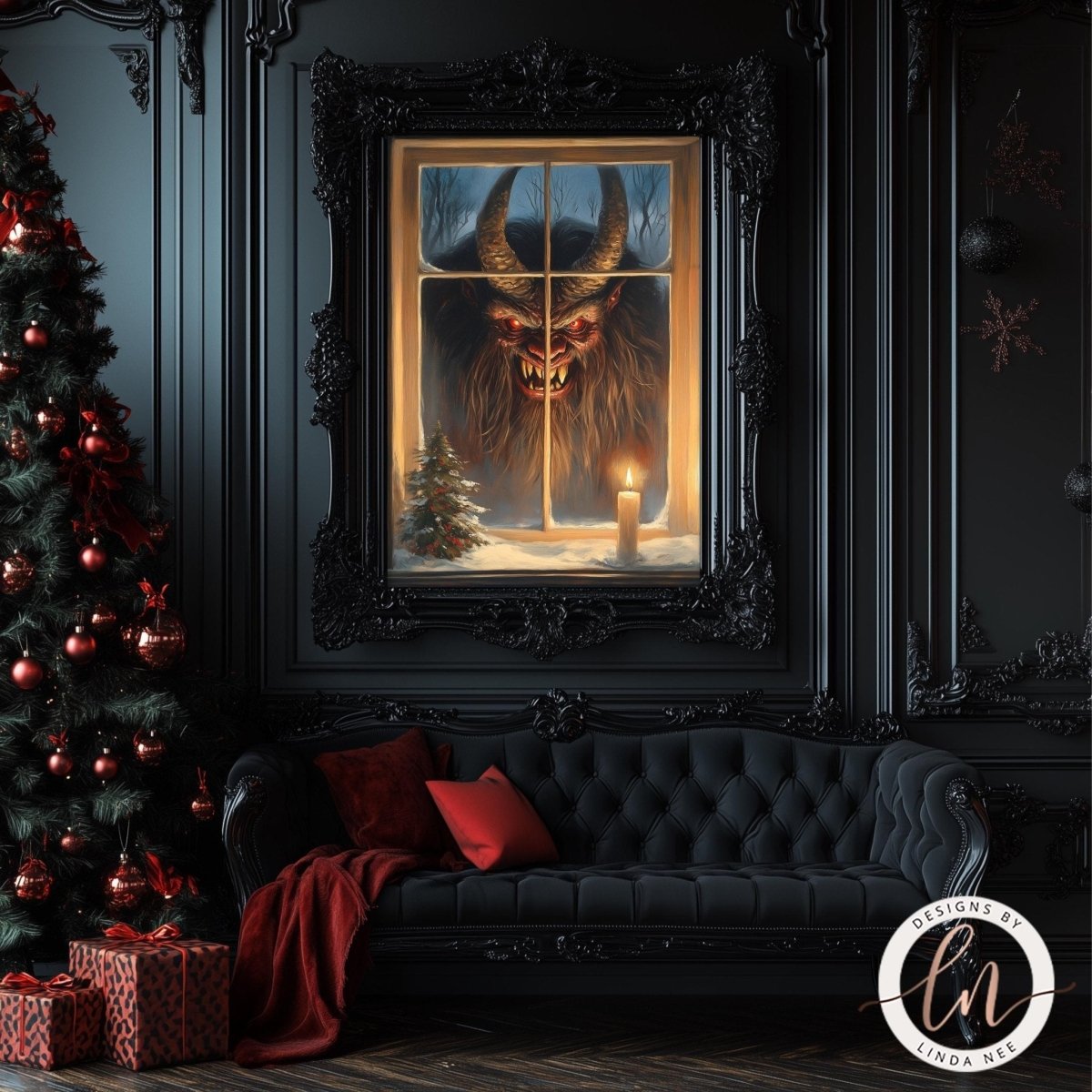 Snow covered Christmas tree and a lit candle on the windowsill below a looming Krampus