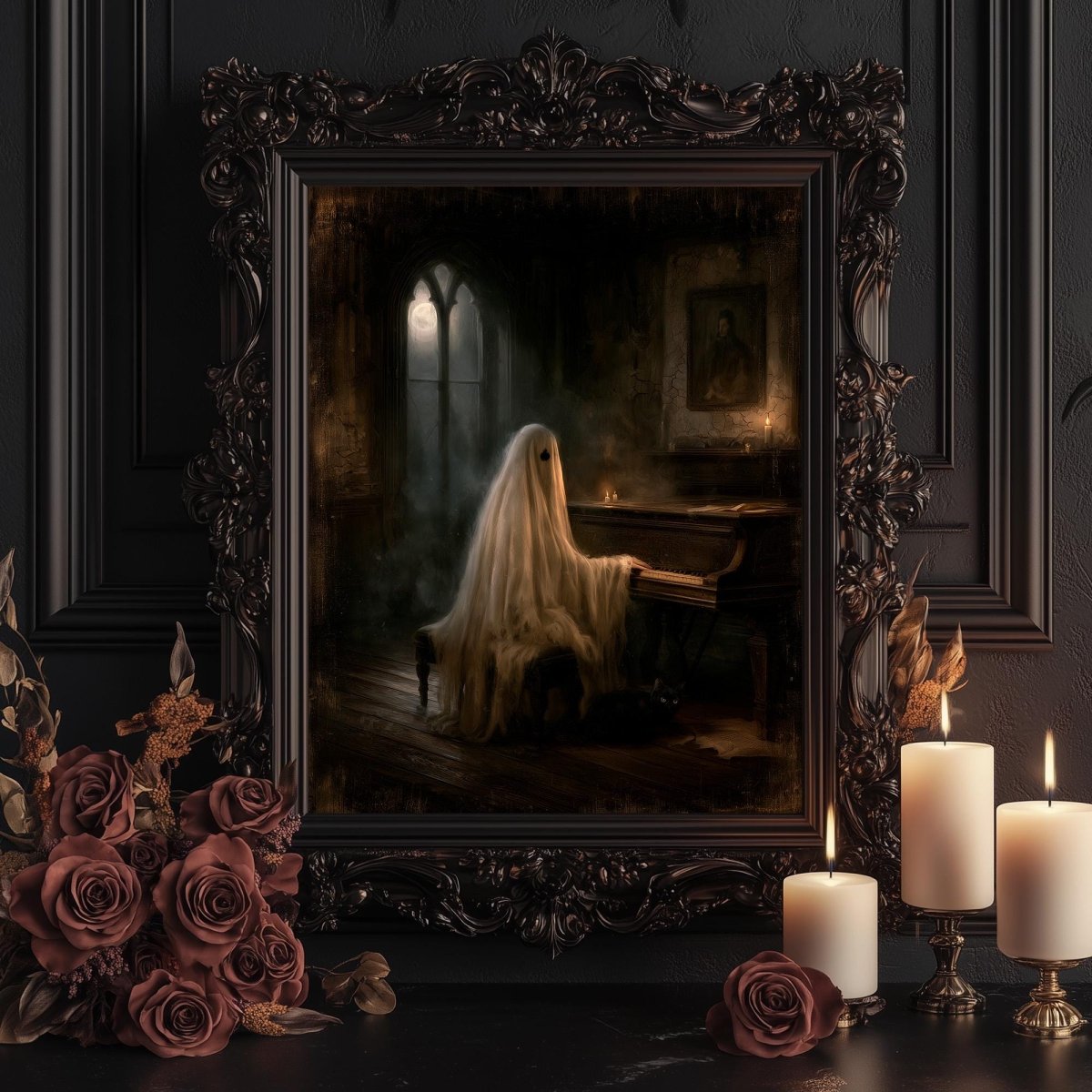 Ghost seated at an antique piano, shown framed for display beside candles and roses