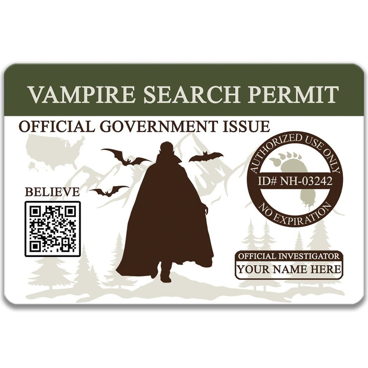 The image is a Vampire search permit official government issue, featuring a silhouette of a person in a cape, bats, and a QR code.