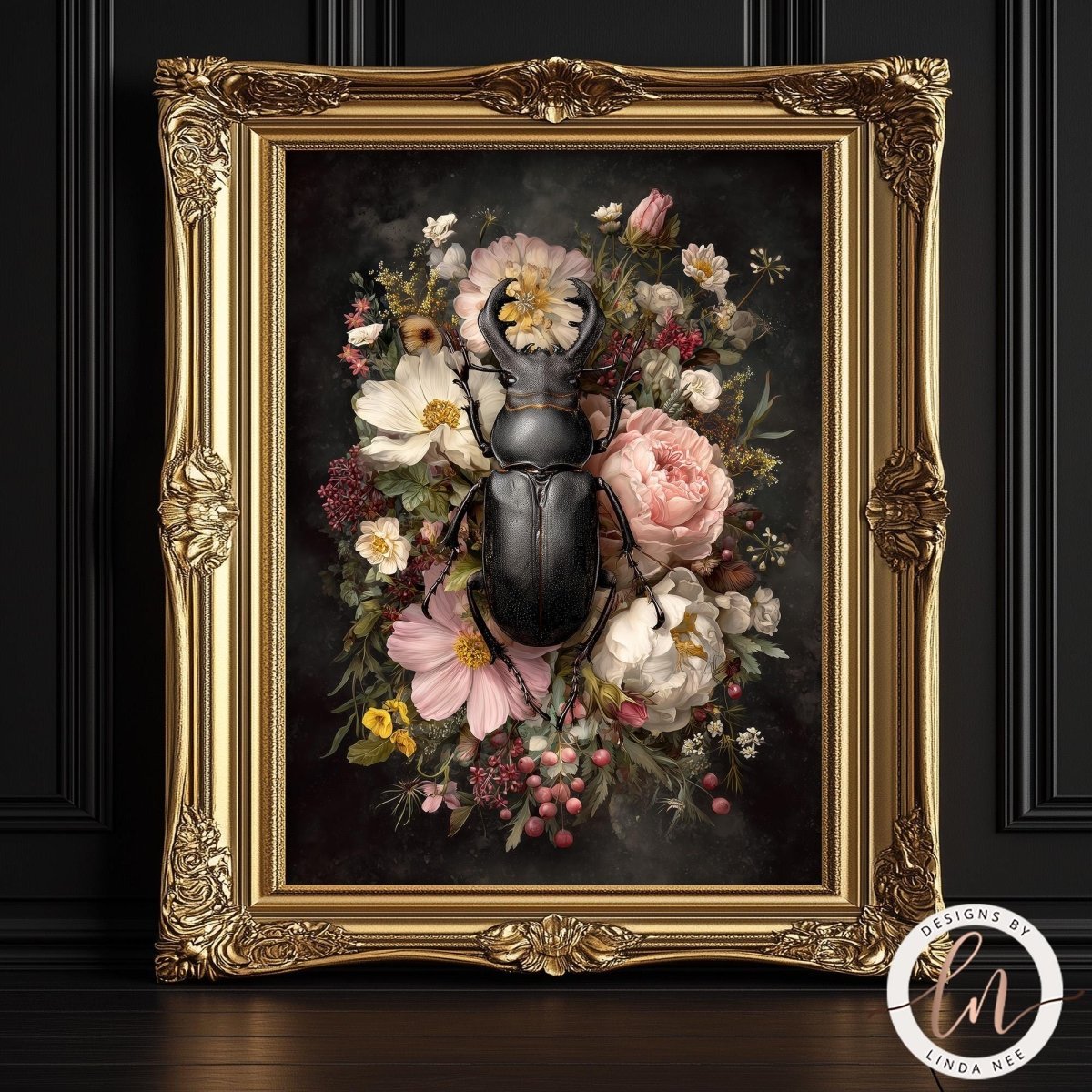 a large, ornate gold frame containing a detailed painting of a black beetle surrounded by a vibrant floral arrangement.