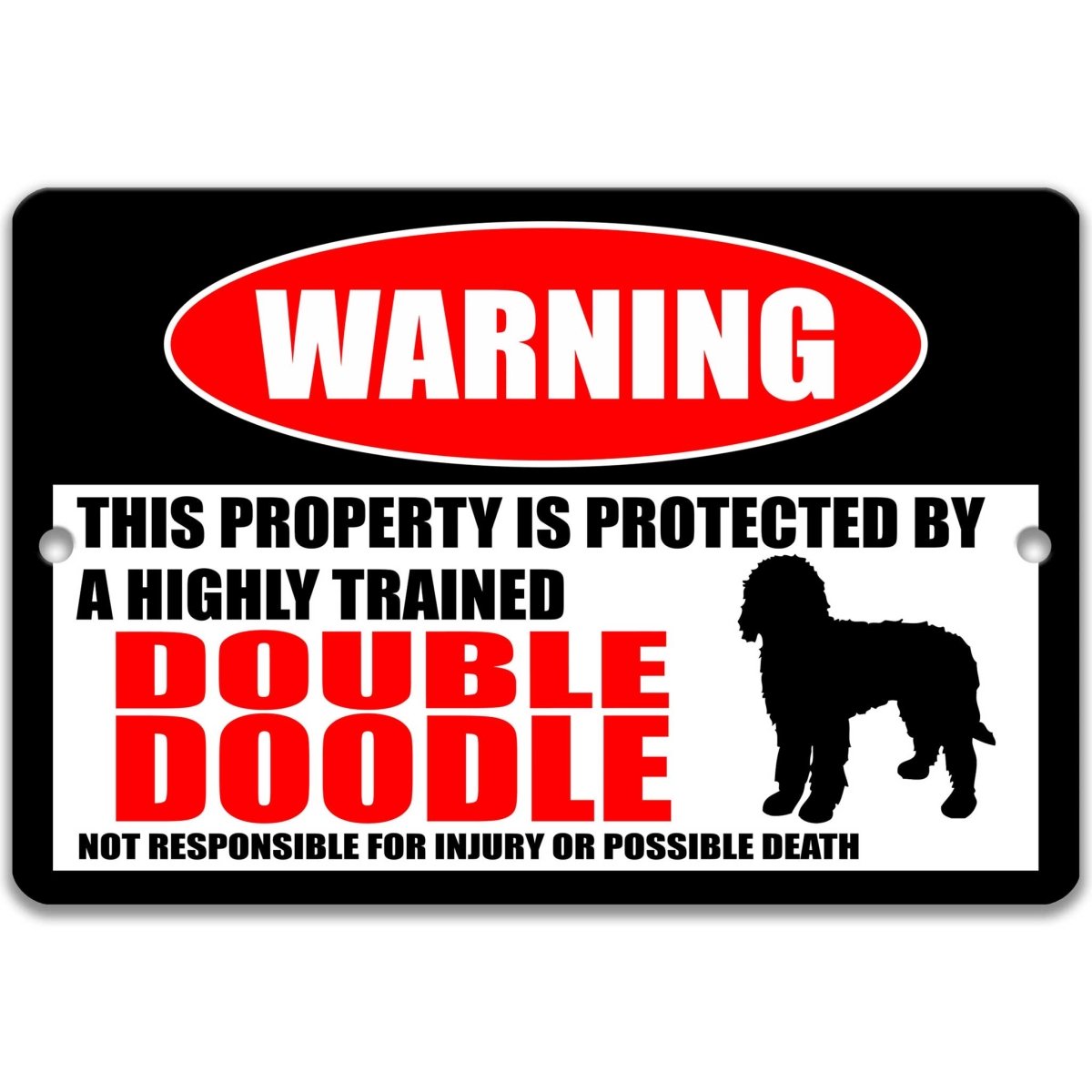 Double doodle dog warning metal sign, glossy black, red WARNING oval and doodle dog silhouette