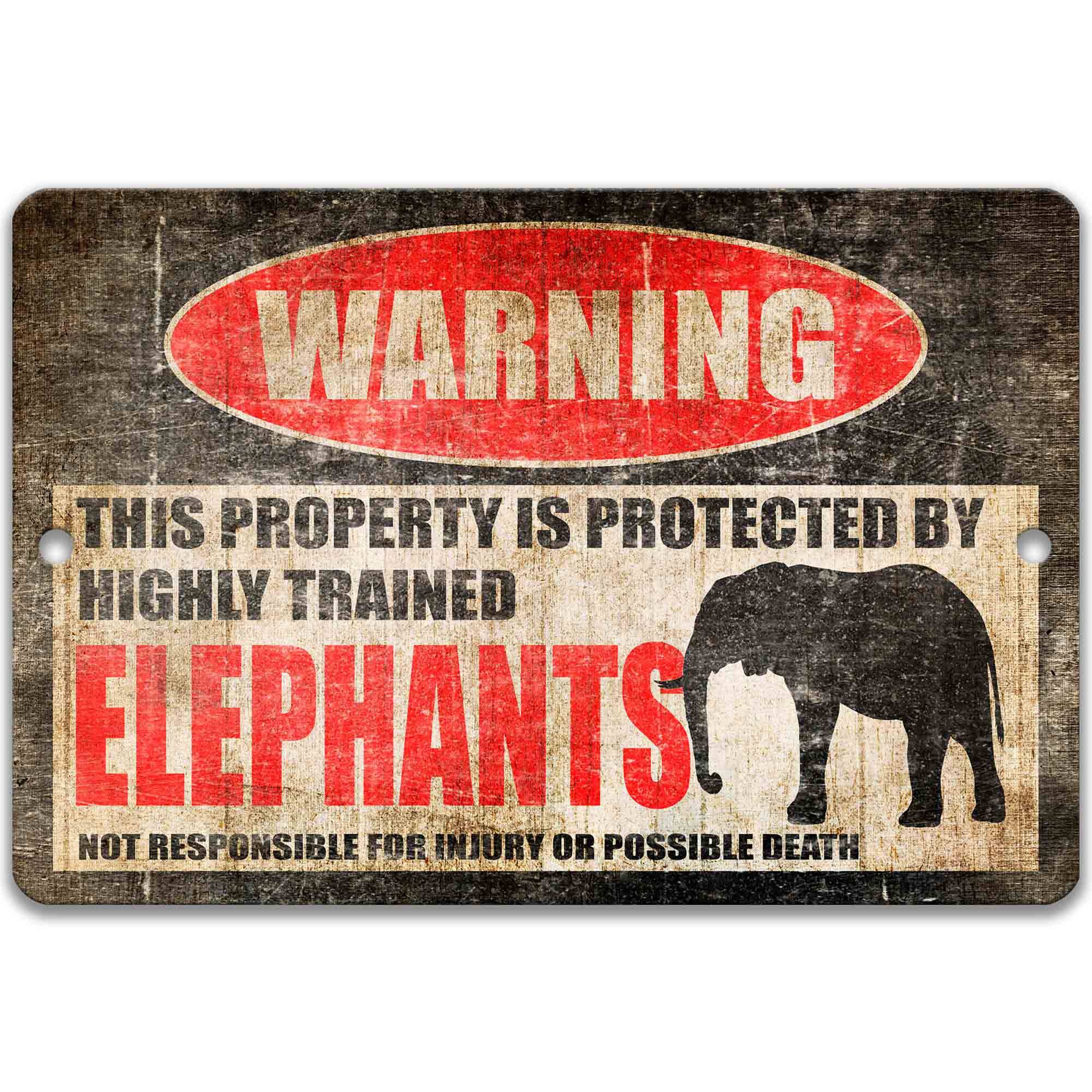 Elephants Metal Sign - Warning and Welcome for Campsites and Outdoor Yards - Humorous Elephant Decor