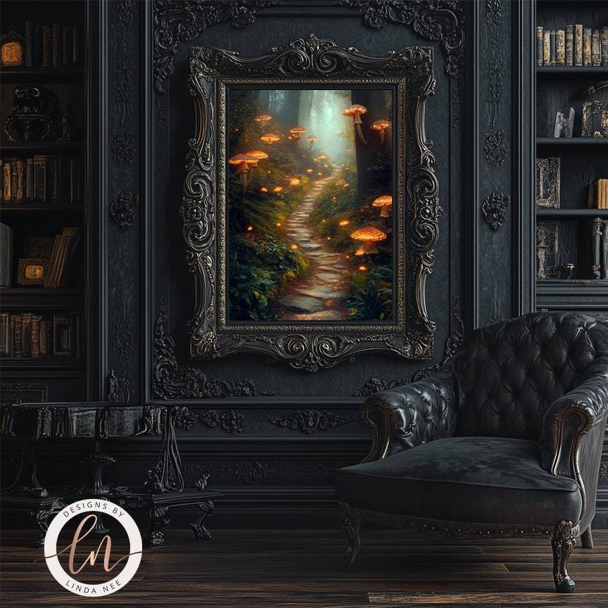 a dark, ornate room with a large, intricately carved wooden frame hanging on the wall. The frame contains a painting of a path leading through a forest filled with mushrooms. In the foreground, there is a black leather armchair, and a bookshelf filled with books can be seen in the background.