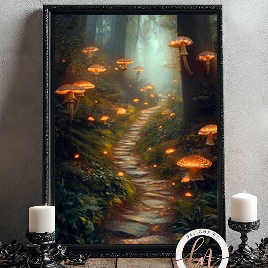 a whimsical forest scene with a winding path leading through a lush, green landscape dotted with glowing mushrooms.