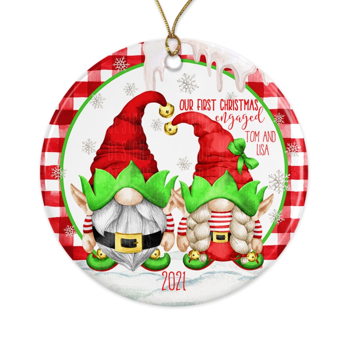 A Christmas ornament featuring two gnomes wearing red hats and green boots, with snowflakes and a red and white checkered border.
