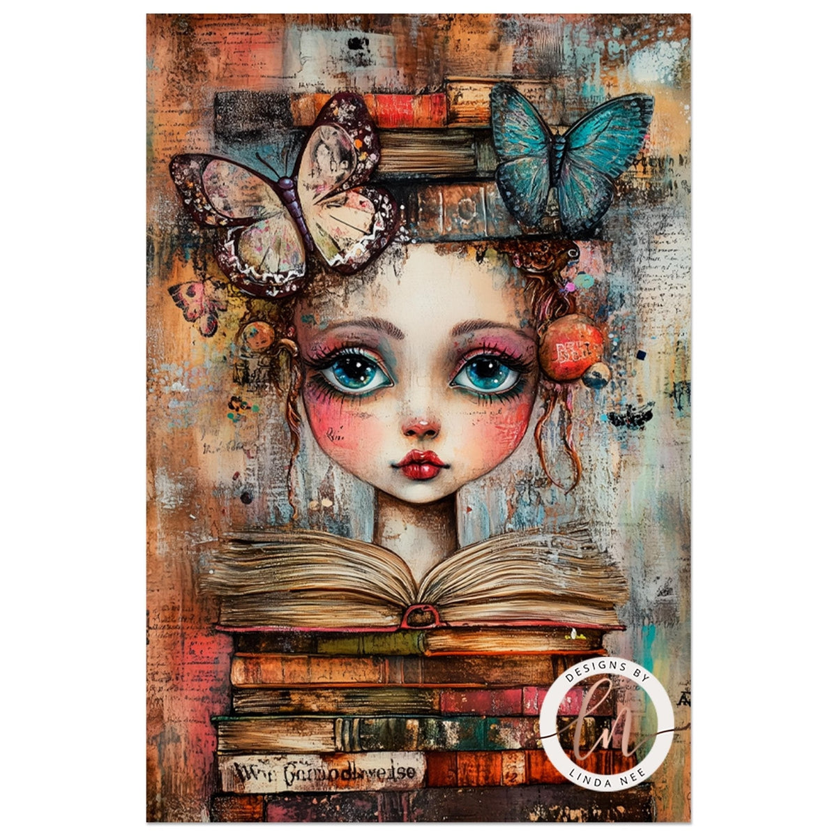 The image is a vibrant and whimsical painting featuring a young girl with large, expressive eyes and a playful expression, surrounded by butterflies and a stack of books.