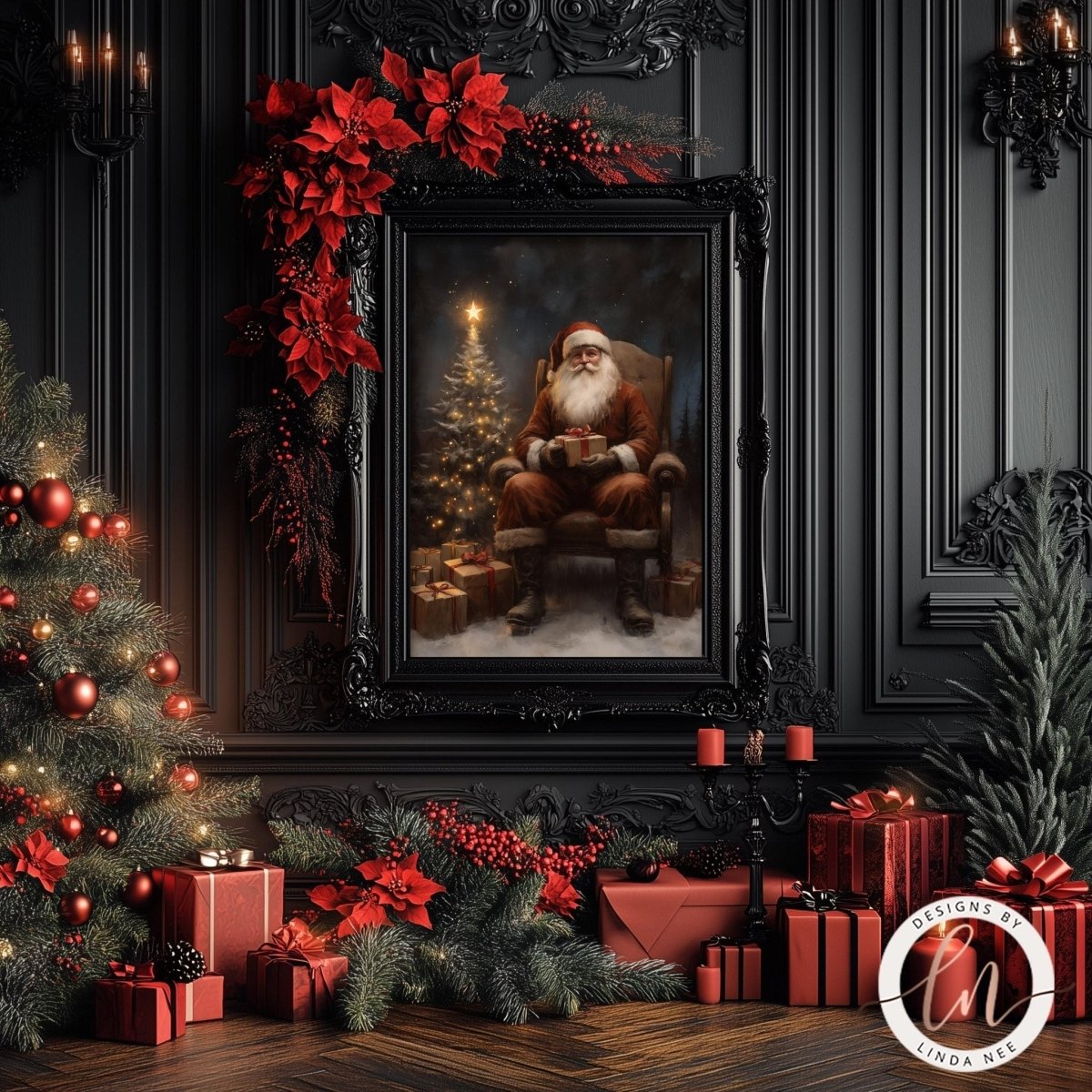 Santa with a gift wall art displayed with a Christmas tree, poinsettias and presents