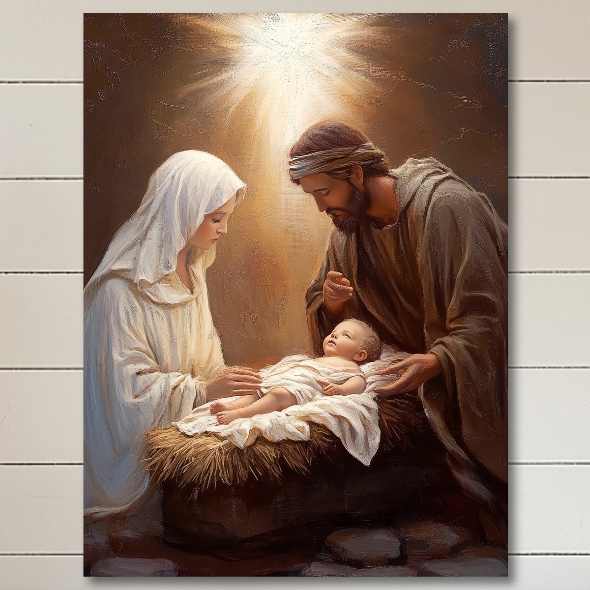 a religious scene with a man, a woman, and a baby in a nativity scene.