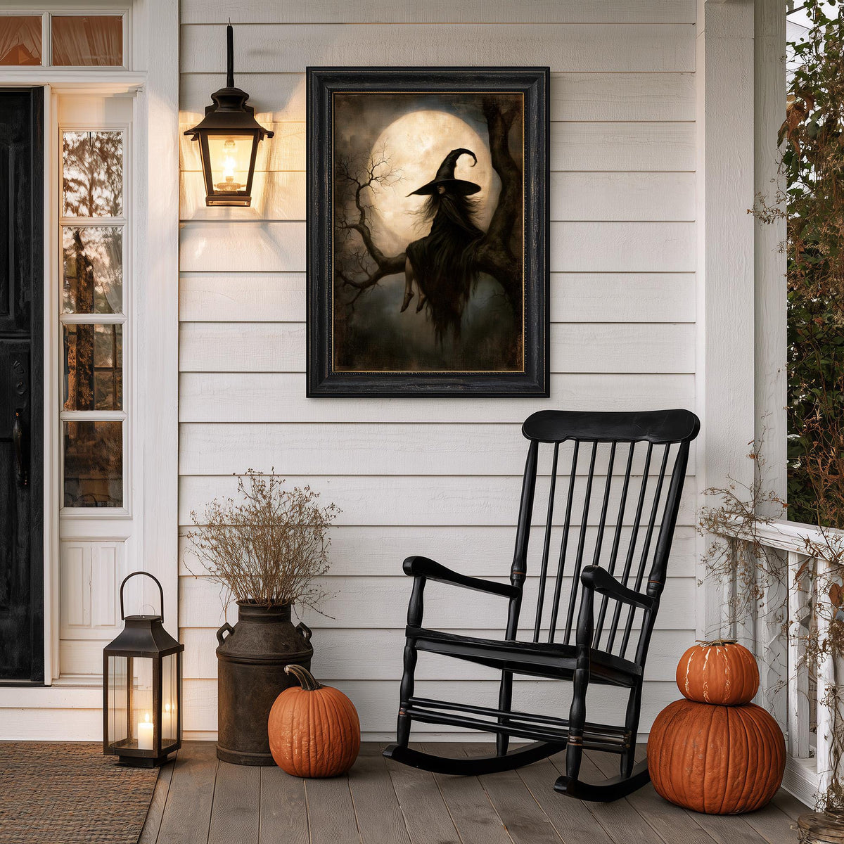Porch with a black rocking chair, two pumpkins, a lantern, and the witch print