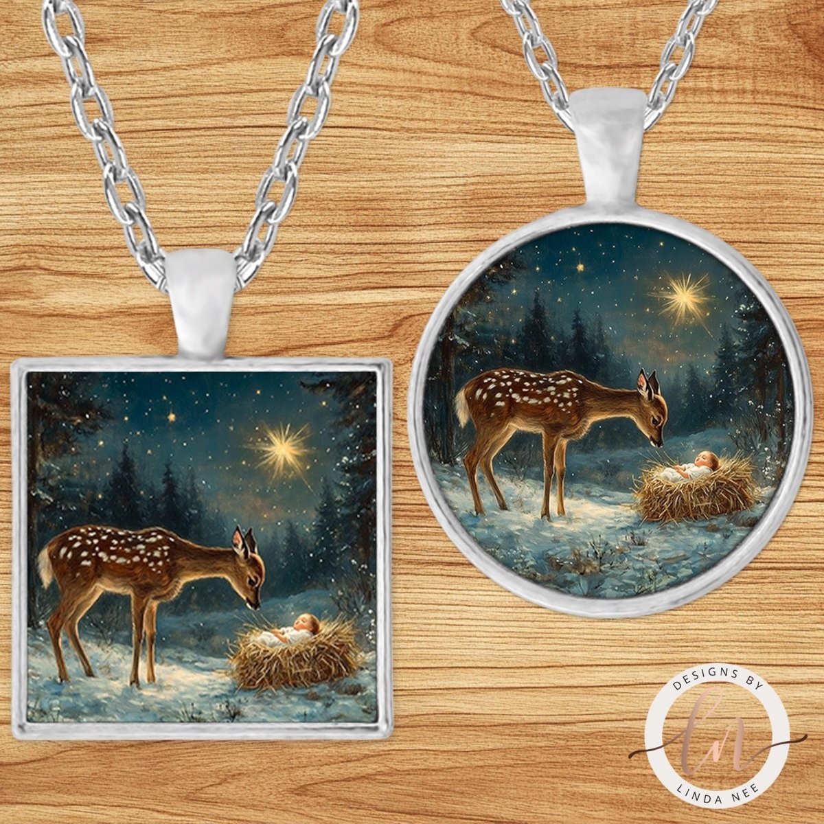 Nativity Fawn Christmas Pendant Necklace