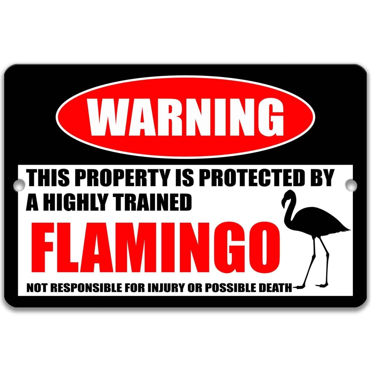 Flamingo warning metal sign, glossy black, red WARNING oval and standing flamingo silhouette