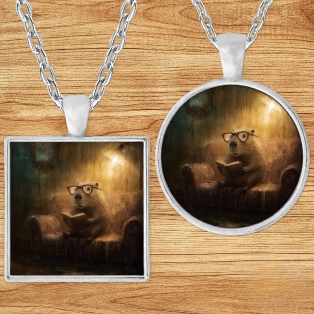 Bookish Capybara pendant necklace shown in round and square silver charm styles on a wood background