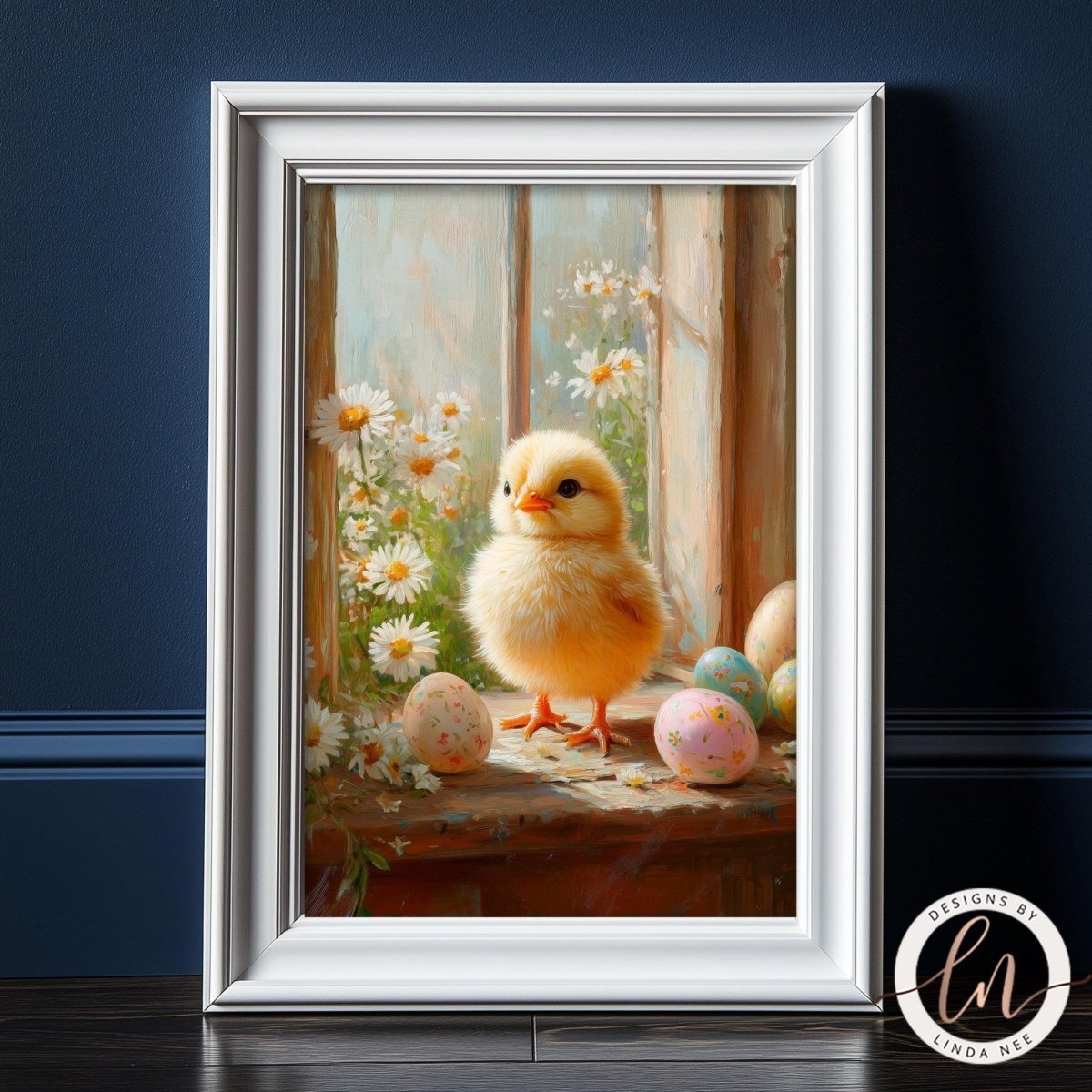 Chick among Easter eggs print displayed on a rustic table