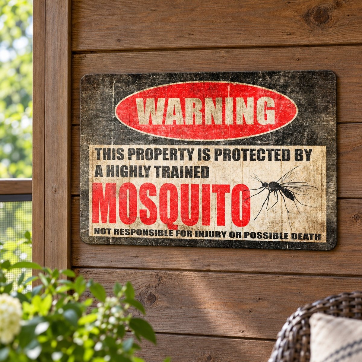 Highly trained mosquito metal warning sign on a wooden wall, a funny camp, cabin and lake house sign