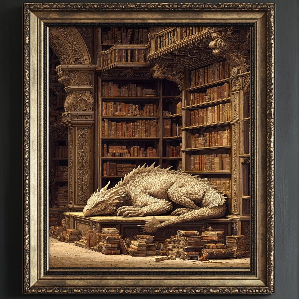A large, detailed dragon sculpture rests on a table in a library setting, surrounded by bookshelves filled with books.