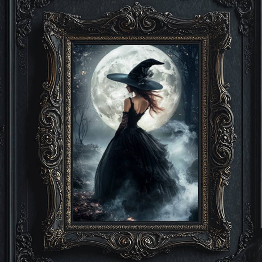 A woman in a black dress with a large black hat stands in front of a large full moon, surrounded by mist and a dark, mysterious atmosphere.