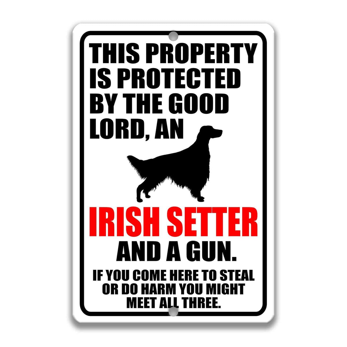 a sign with a warning message about a property owner's security measures, specifically an Irish Setter and a gun.