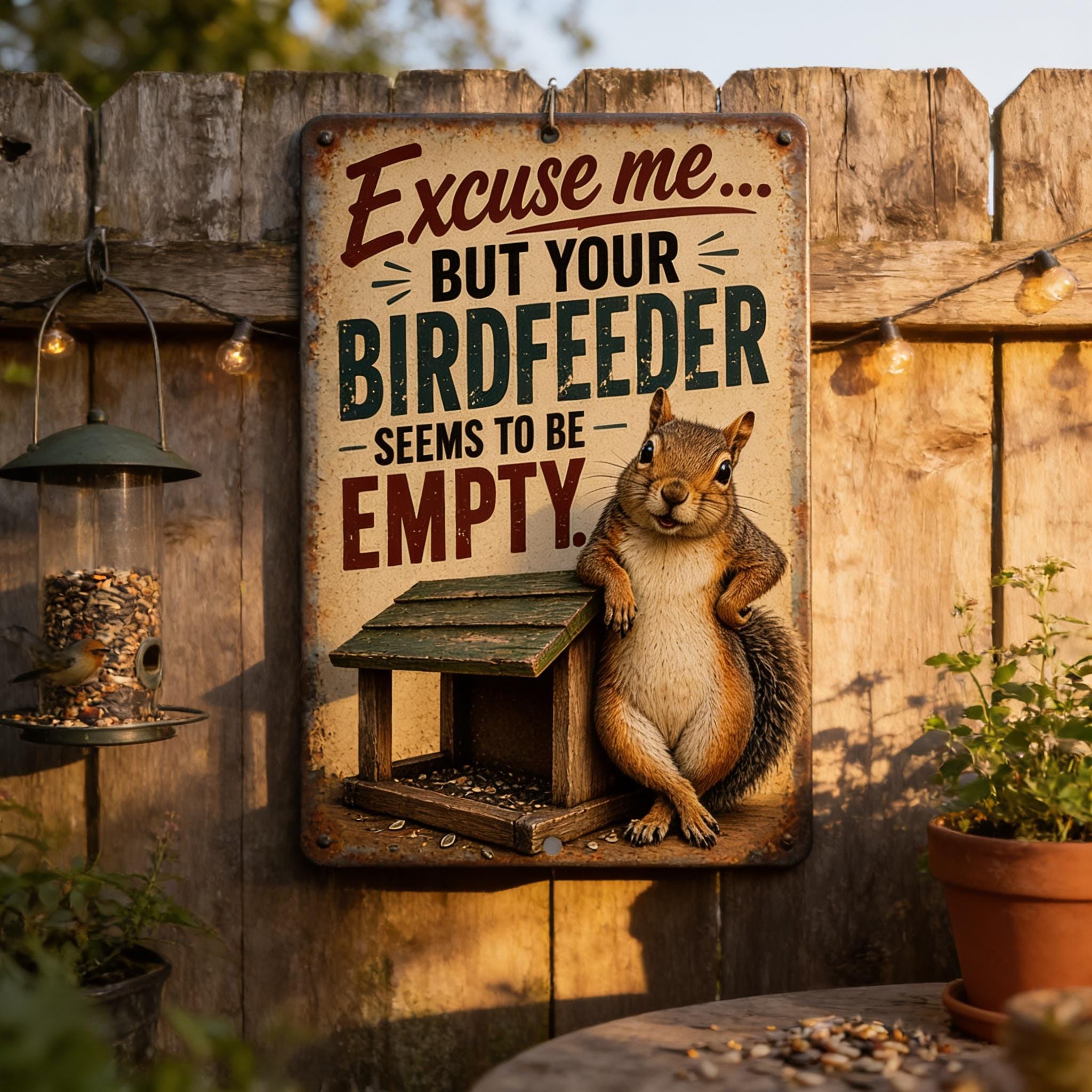 A sign with a cartoon squirrel and a bird feeder, accompanied by the text "Excuse me... BUT YOUR BIRDFEEDER SEems to be EMPTY."