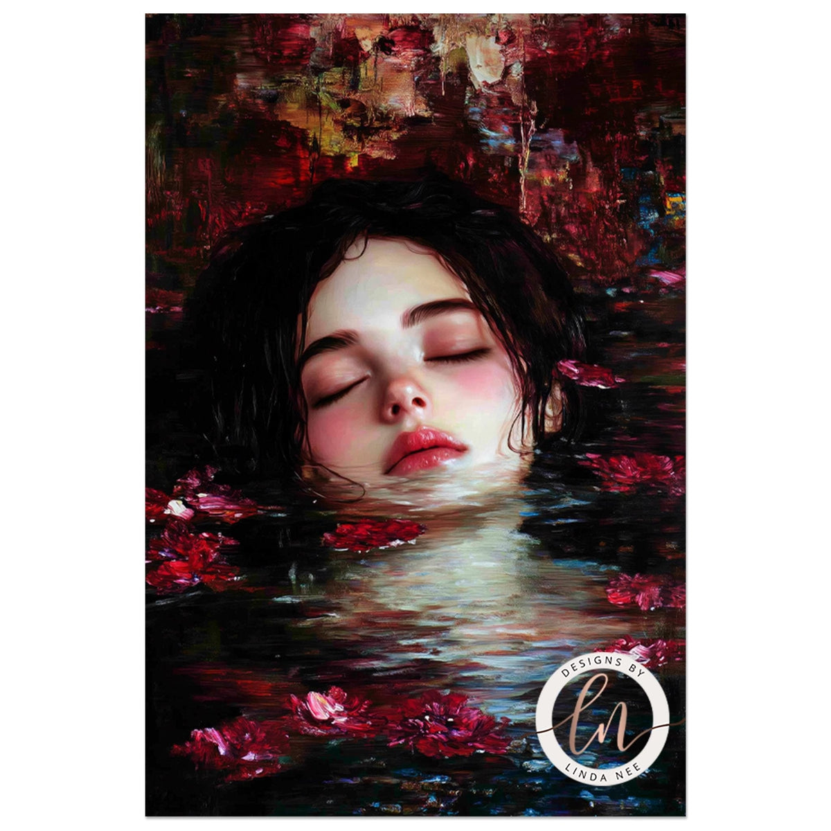 A woman's face is partially submerged in water, surrounded by floating red flowers.