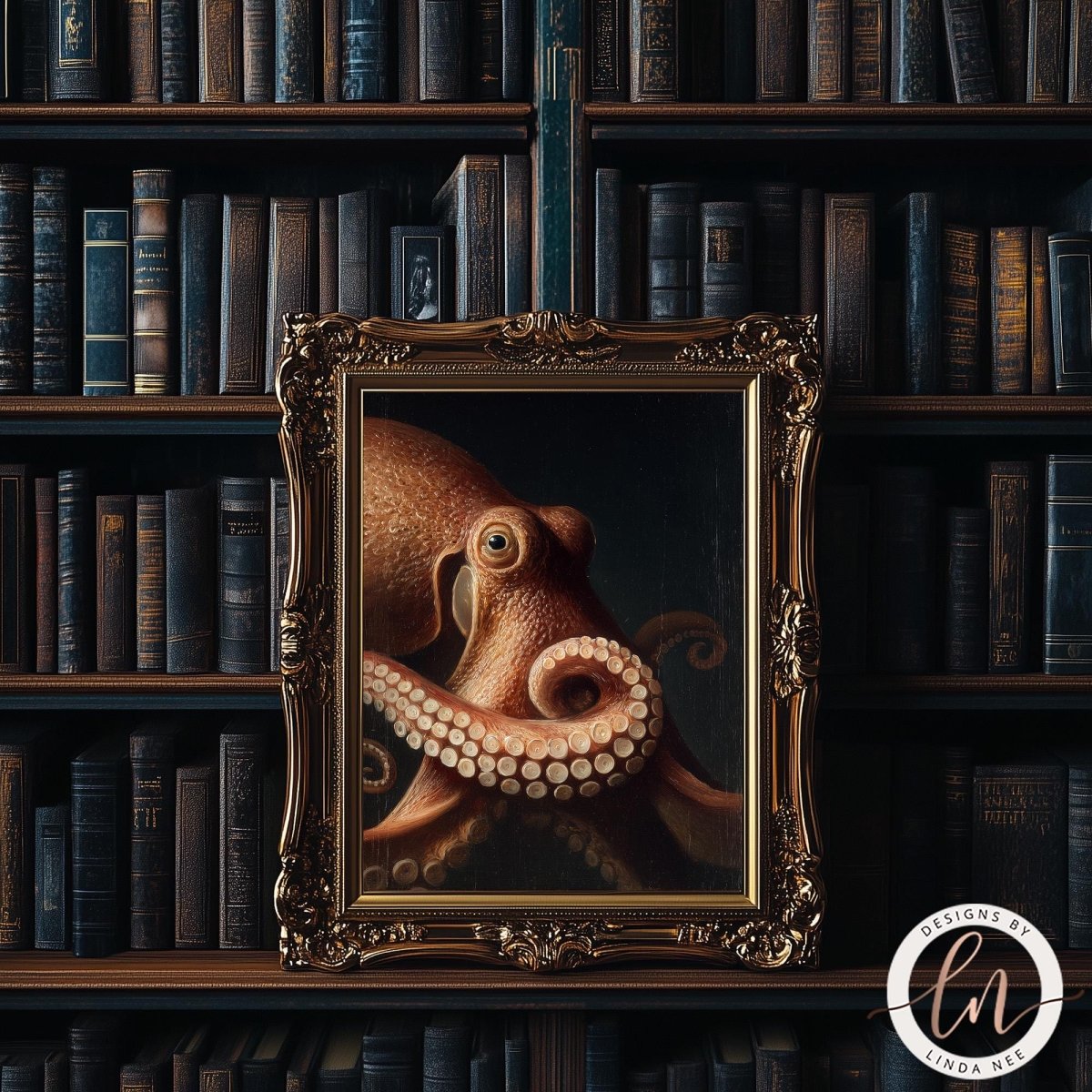 an octopus with its tentacles spread out, displayed in an ornate gold frame against a dark background with bookshelves.