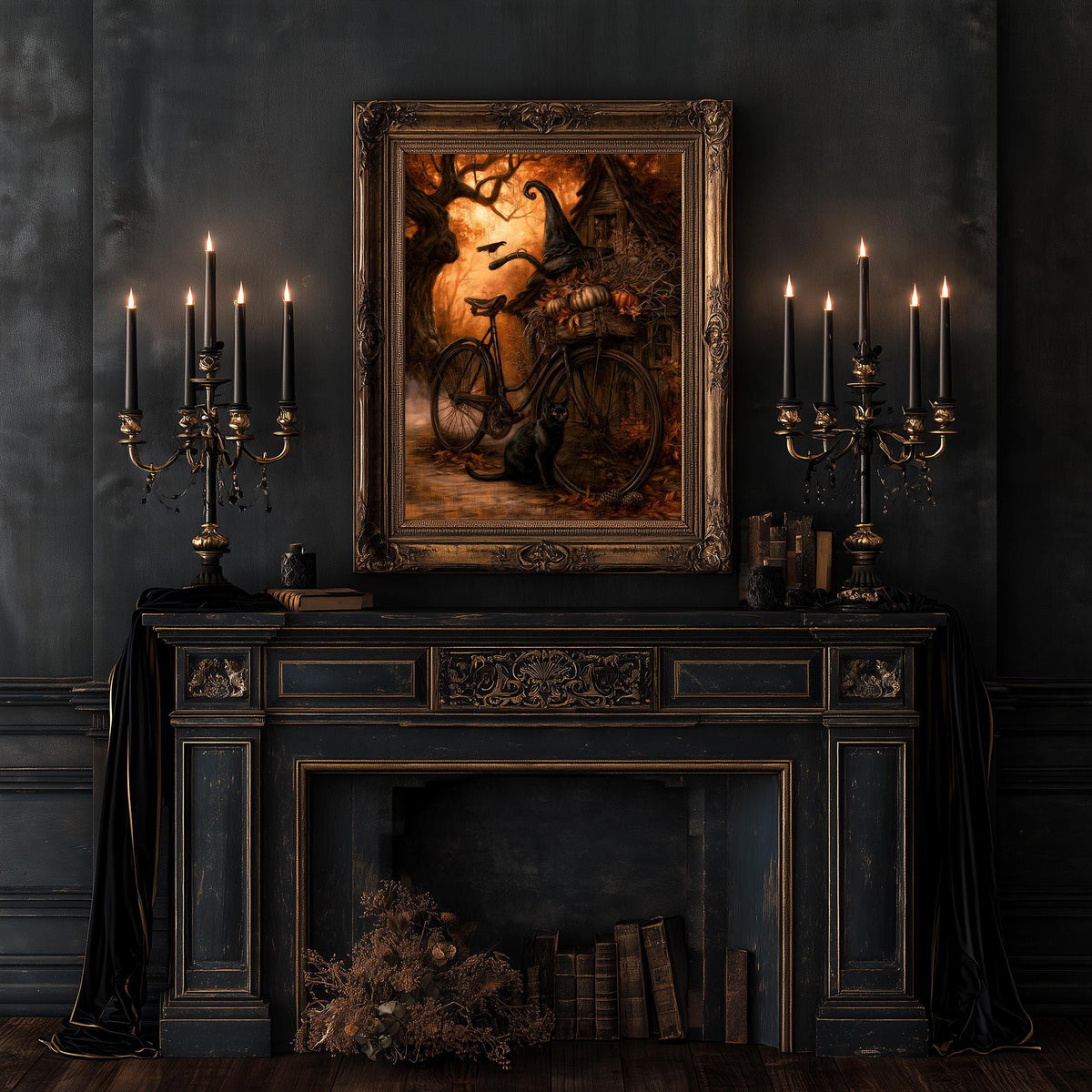 Witch's bicycle print on a dark mantel beside a stack of old books and lit candles
