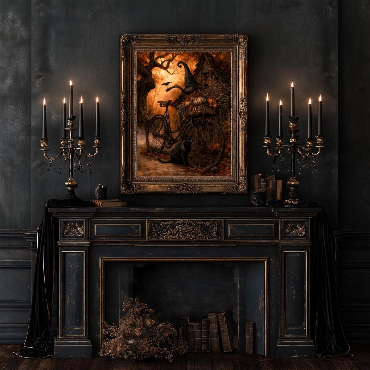 Witch's bicycle print on a dark mantel beside a stack of old books and lit candles