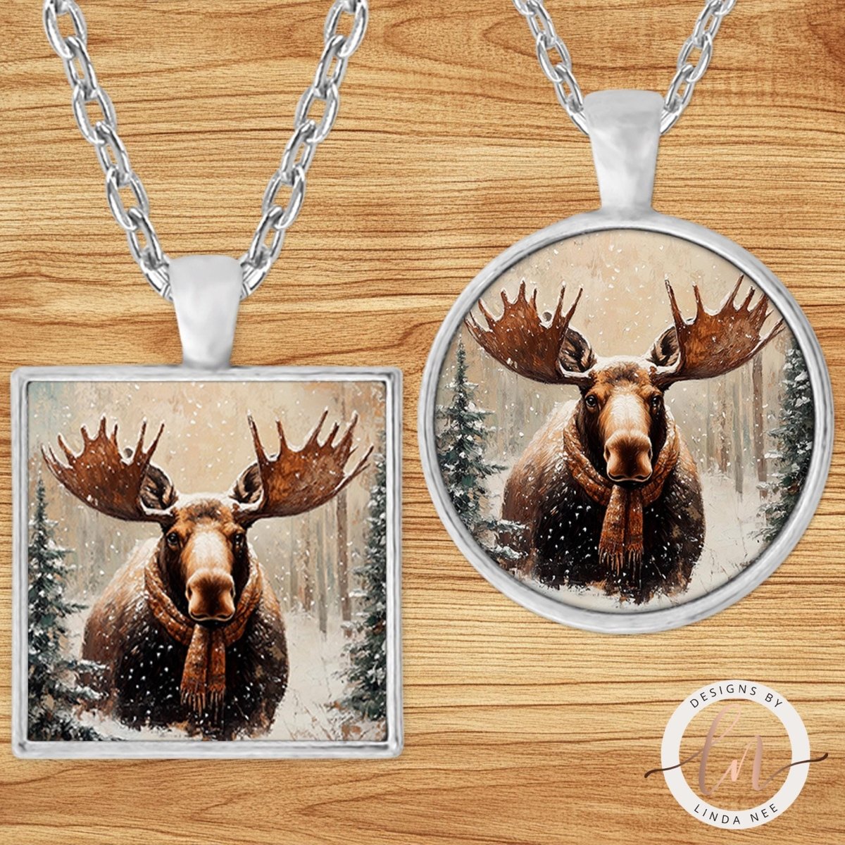 Moose in Plaid Scarf Pendant Necklace