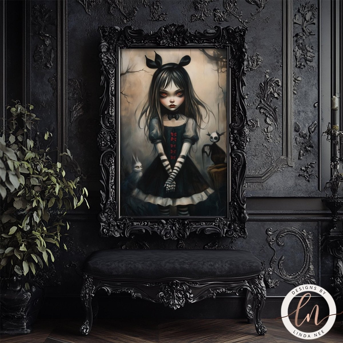 a dark, gothic-style painting of a young girl with a cat, displayed in an ornate black frame on a dark wall.