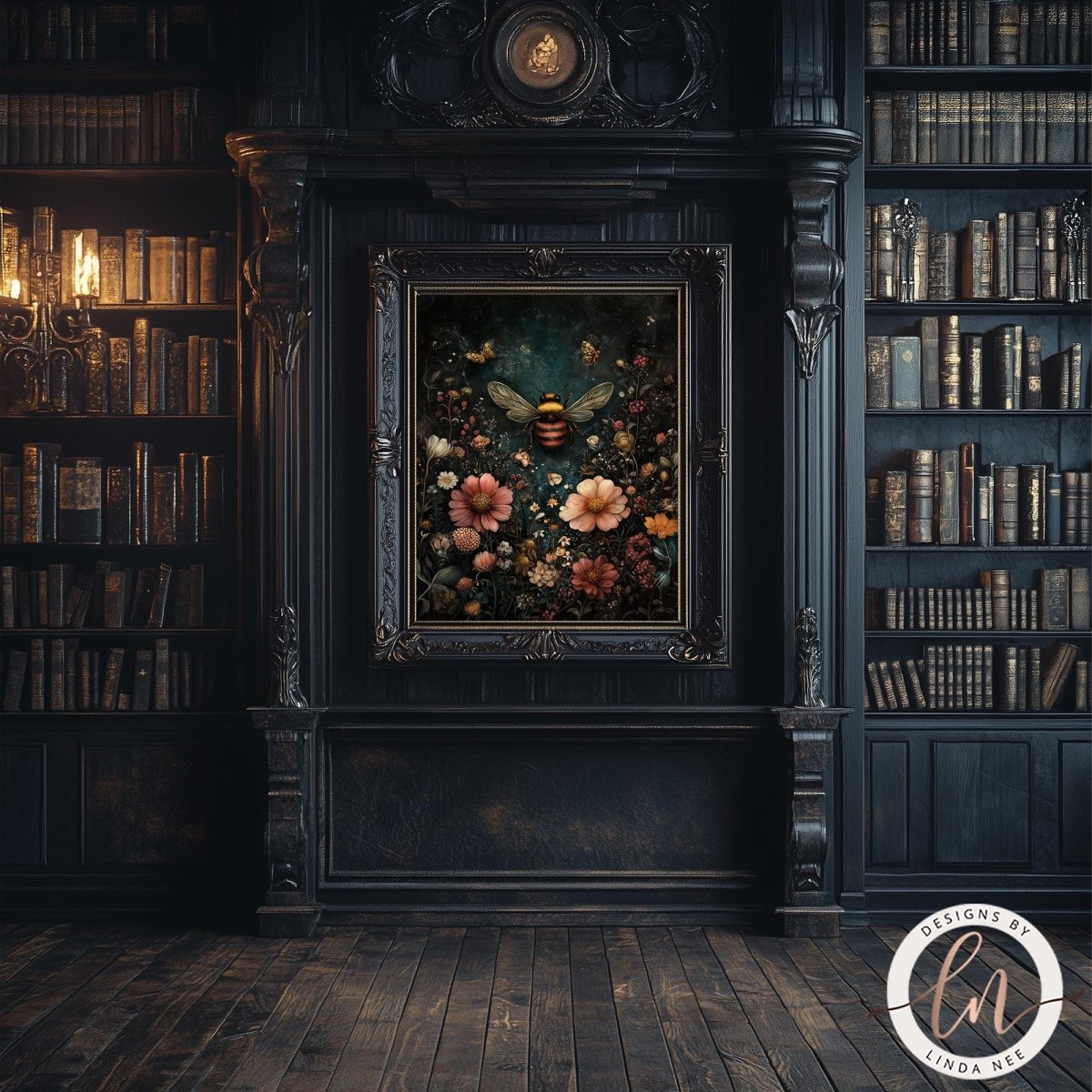 A framed gothic-style art print depicting a bee among colorful flowers, displayed on a dark wooden wall in a vintage library with bookshelves.