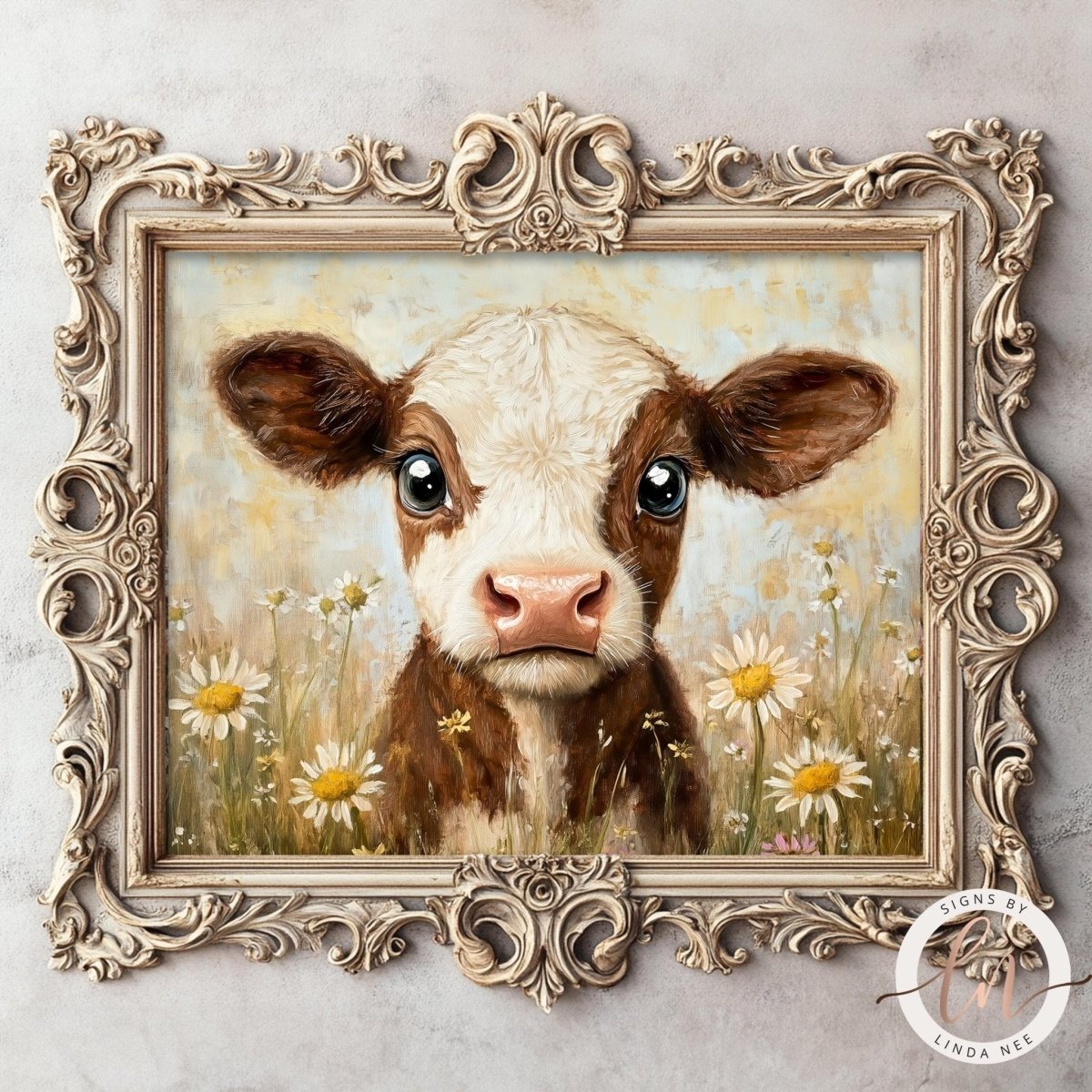 Fluffy baby cow with large eyes surrounded by wildflowers