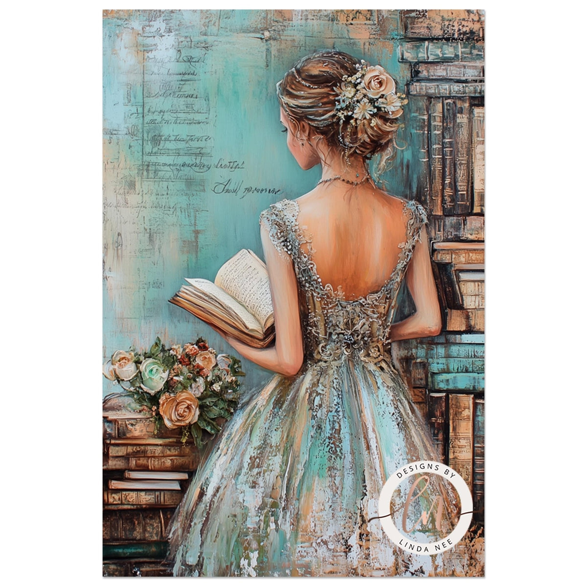 A woman in an ornate dress stands in front of a bookshelf, holding an open book and surrounded by flowers.