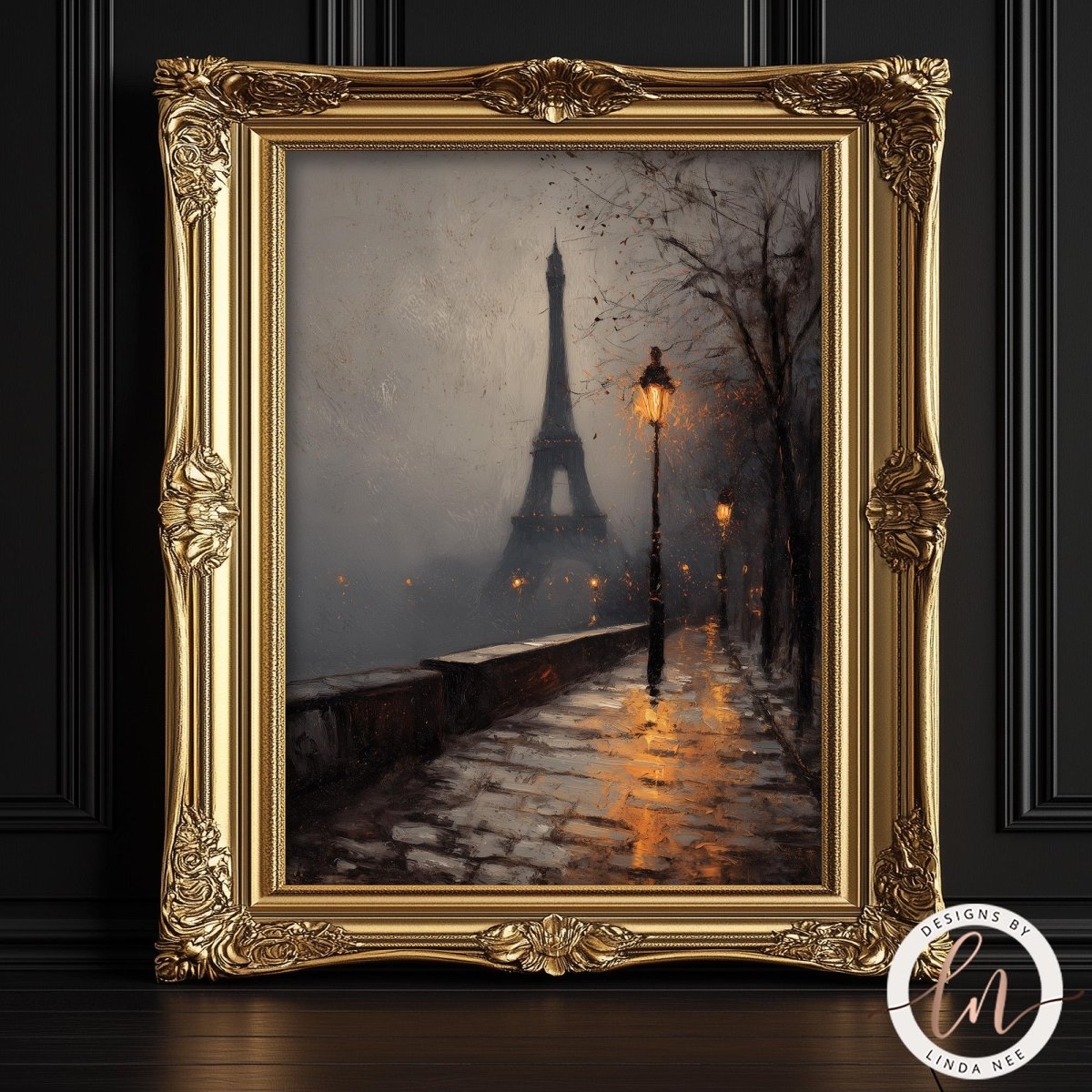 The image is a painting of the Eiffel Tower in Paris, France, with a foggy and rainy atmosphere. The painting is framed in an ornate gold frame and displayed on a dark wall.