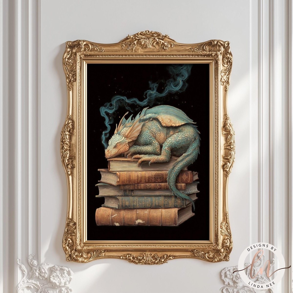 A framed painting depicting a dragon resting on a stack of books, with a trail of smoke emanating from the dragon's head.
