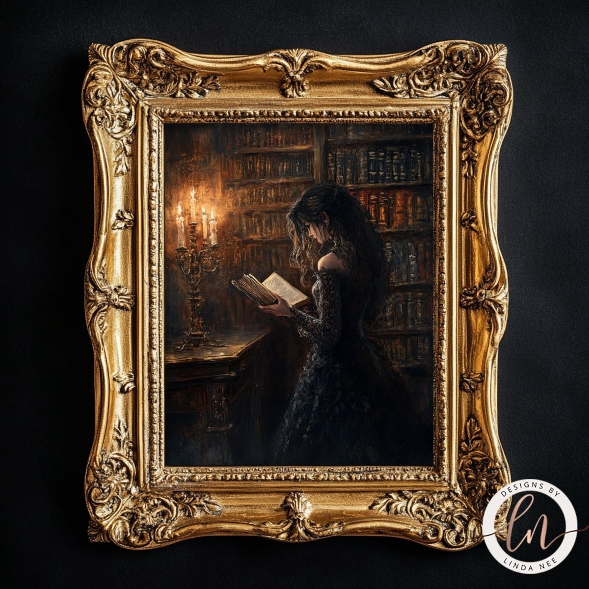 Woman standing in profile reading among library bookshelves