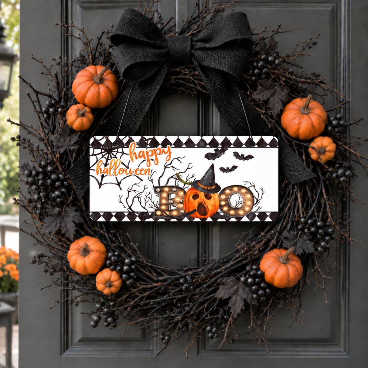 Happy Halloween Bats and Pumpkin sign hanging on a front door
