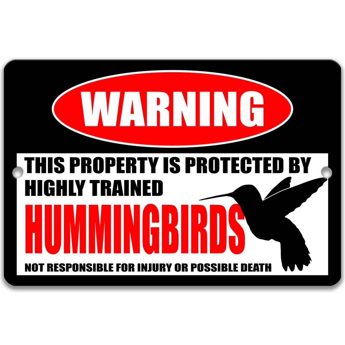 Hummingbird garden warning metal sign, glossy black, red WARNING oval and hummingbird silhouette