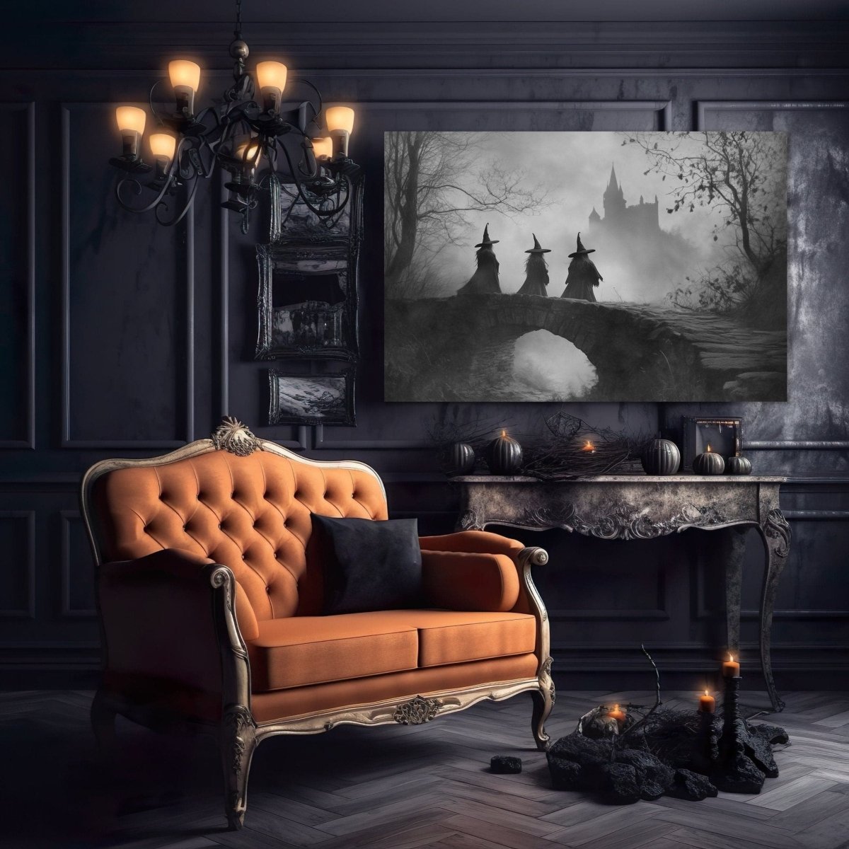 Three witch figures crossing a bridge with a distant castle in the mist