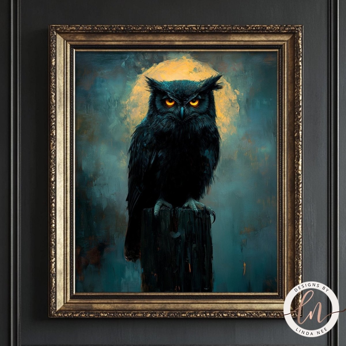 Black owl art print with a yellow moon and dark moody background