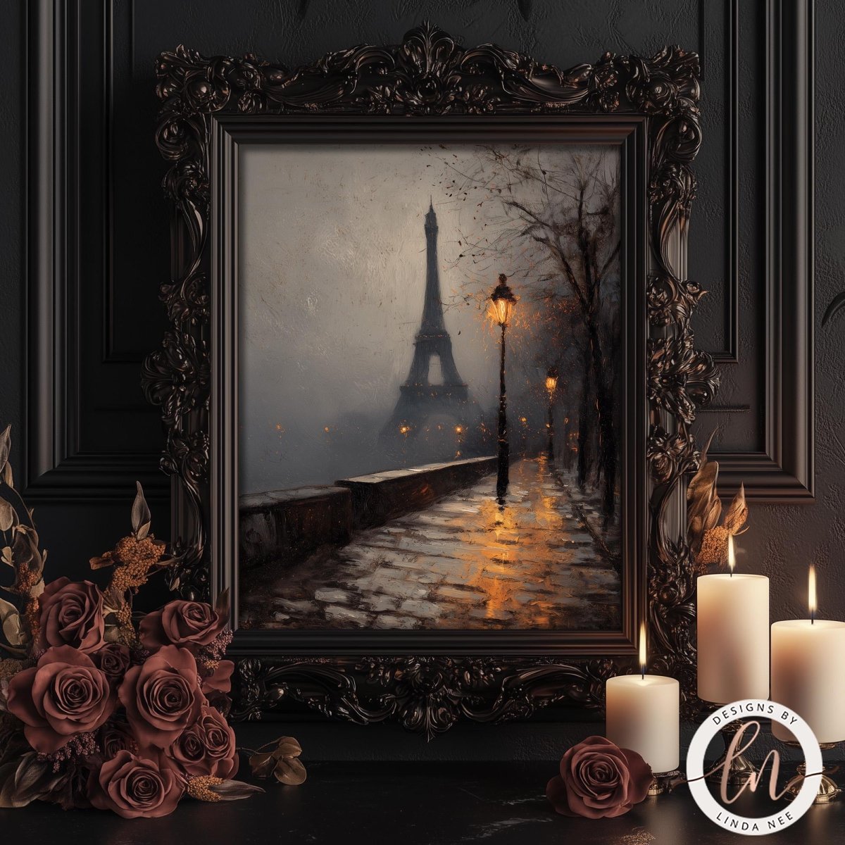 a painting of the Eiffel Tower in Paris, France, surrounded by a dark, ornate frame and a romantic atmosphere created by the soft lighting and the presence of candles.