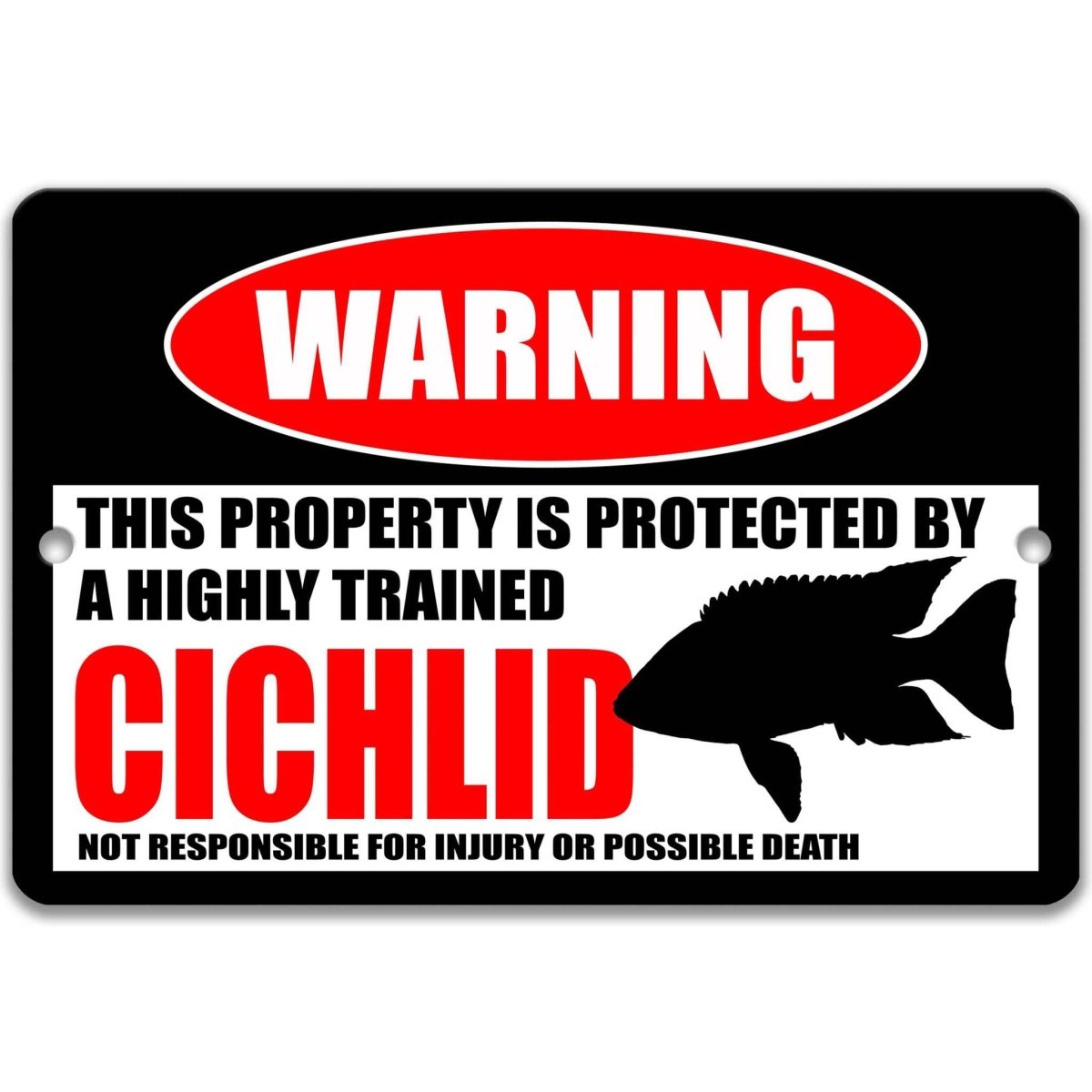 Cichlid aquarium warning metal sign, glossy black, red WARNING oval and cichlid fish silhouette