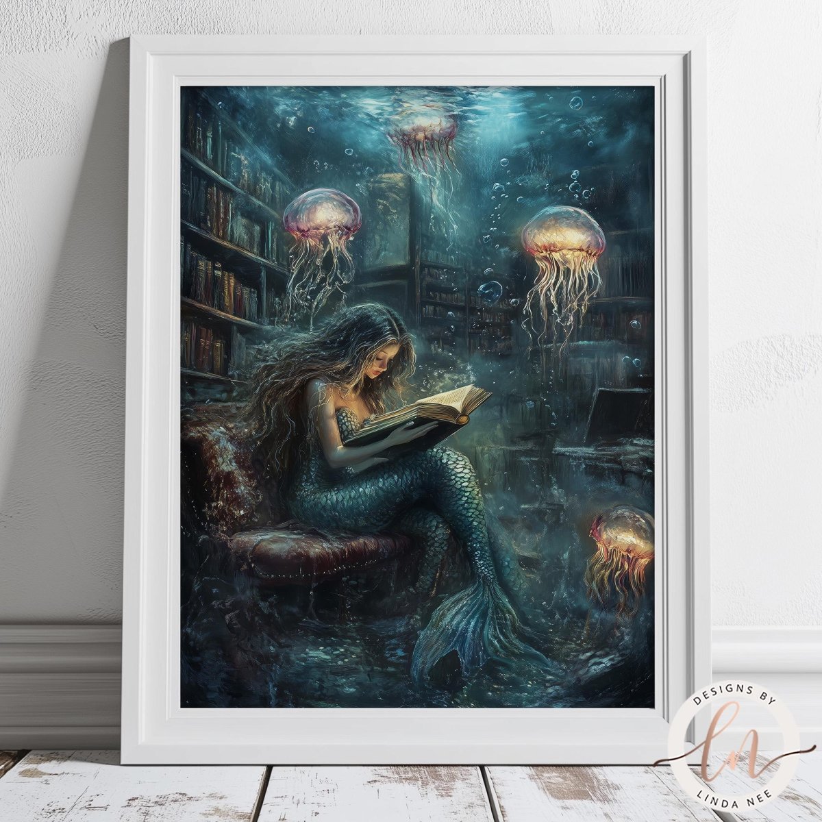 A mermaid is reading a book while surrounded by jellyfish in a fantastical underwater scene.
