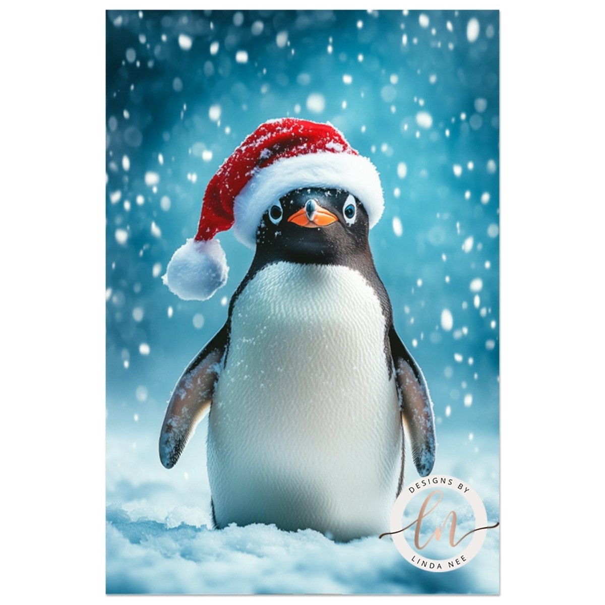 Penguin in a Santa hat on snow against a cold blue winter background
