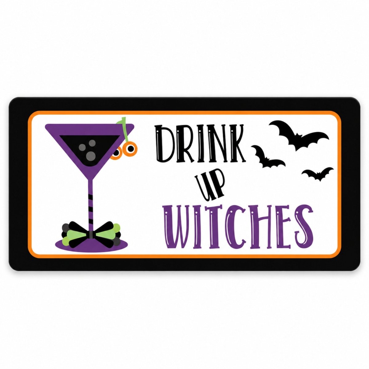 Drink Up Witches 6x12 metal wreath sign with a purple martini glass and bats