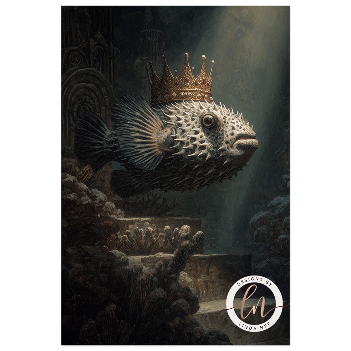 A large, spiny fish wearing a golden crown is swimming in a dark, underwater environment with coral reefs and other marine life.